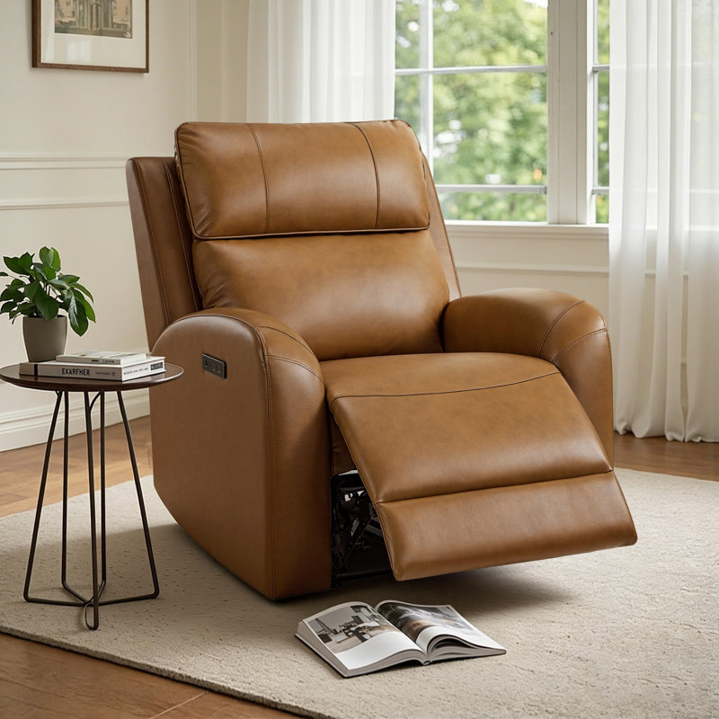 Zero Wall Hugger Genuine Leather Power Recliner Chair with Adjustable Power Headrest, Saddle Brown