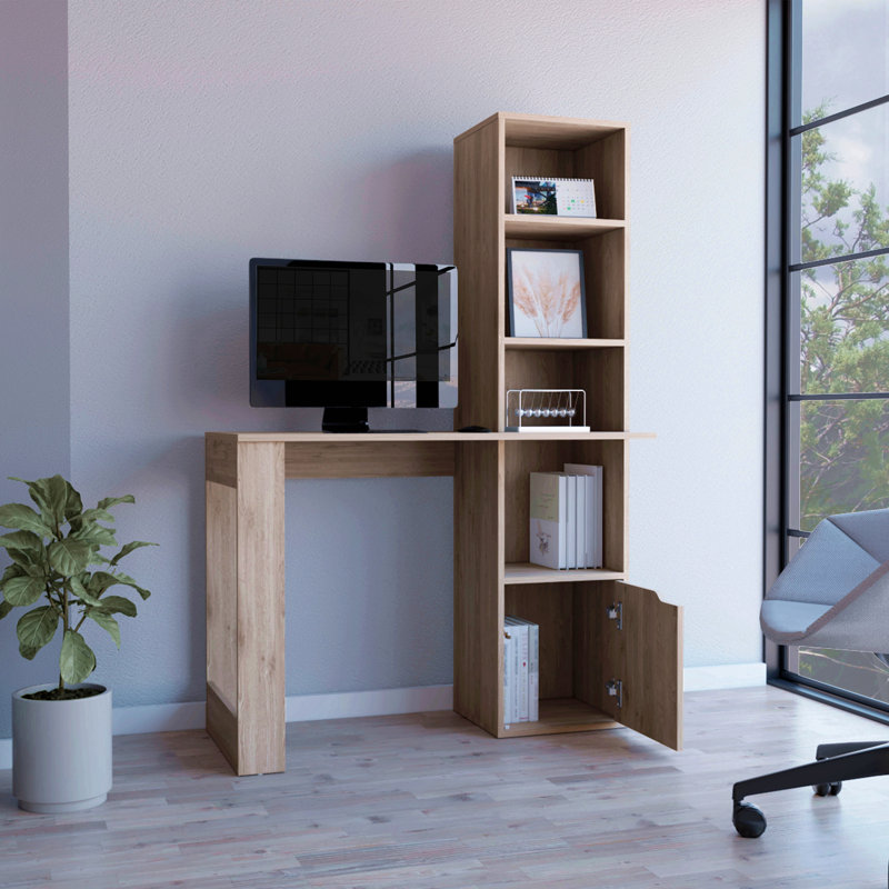 Bureau d'ordinateur avec 1 armoire et bibliothèque à 4 niveaux, Gris