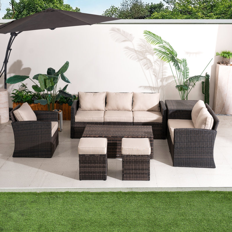 Brown Pe Rattan 6 Seater Modular Garden Sofa Set With Waterproof Storage Coffee Table & Storage Box, Powder-coated Iron Frame