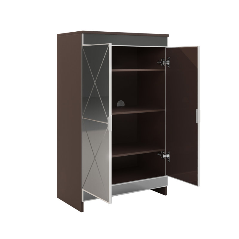 Mirrored Cabinet With Double Door Shoe Storage - Brown And Silver, Frosted Glass Silver Colored,
