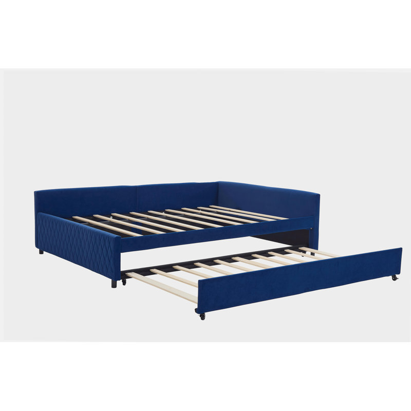 Lit de jour rembourré avec lit gigogne, structure de lit en bois robuste, conception de grille de diamant moderne, pour chambre à coucher, chambre d'amis (bleu marine)