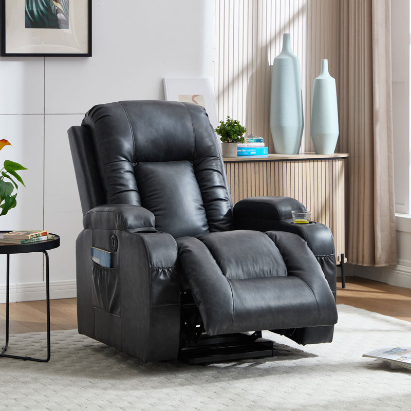 Aura 39.8" W Power Lift Recliner, Massage Heat, Cup Holders, Pockets, Dark Gray