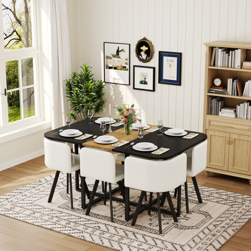 Ensemble de table et de salle à manger moderne 7 pièces, table de cuisine en grain de bois noir et 6 chaises en similicuir blanc, ensemble de coin-repas compact pour petits espaces, appartement, coin-repas