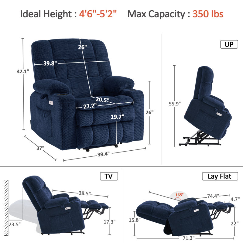 Small Dual Motor Power Recliner Lift Chair Infinite Position, Heat and Vibration Massage, Fabric, Navy Blue
