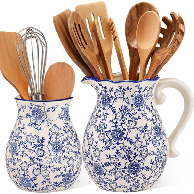 7.87 inch+6.10 inch blue Chinese style floral countryside kitchen utensil rack retro farmhouse pot bowl spoon storage 2-piece set