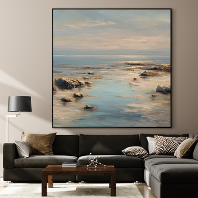 Très grande reproduction d'art sur toile - Paysage de bord de mer serein avec rivage rocheux et couleurs pastel océan doux pour le salon ou la chambre à coucher - «Assemblage requis du cadre (cadre non fini)»