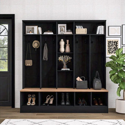 Wide Hall Tree Storage Bench, Minimalist Cube Shelf Shoe Cabinet, &-hook Mul Functional Coat Rack
