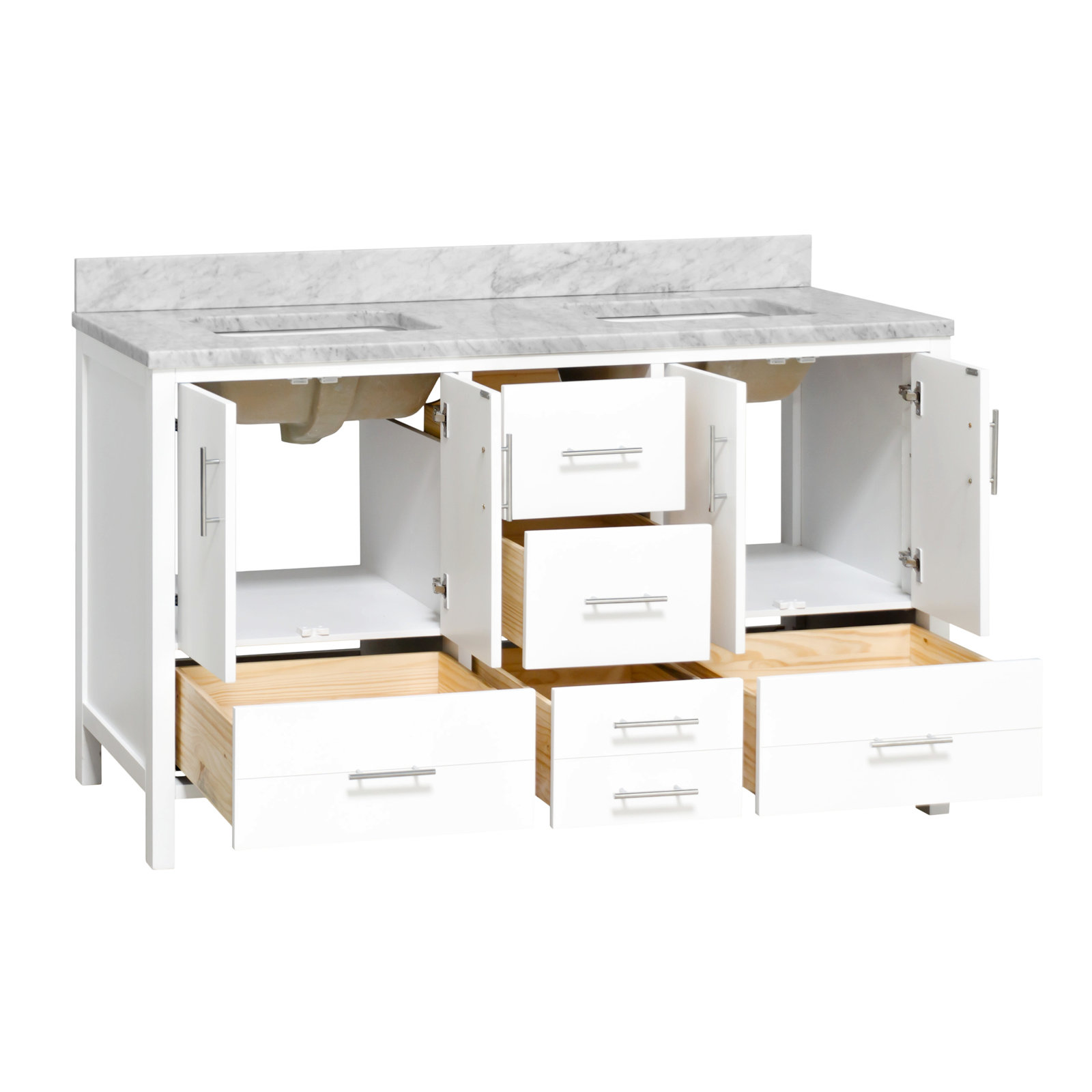 Kiara 60'' Double Bathroom Vanity, White, Carrara Marble