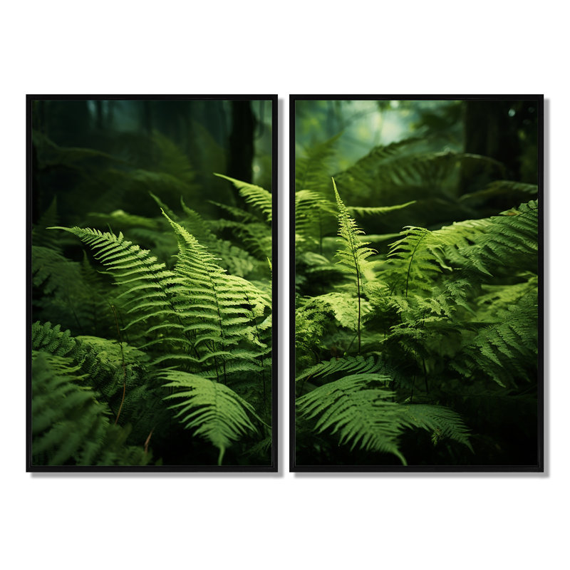 «Ferns Plant Enchanted Forest I», ensemble d'art mural sur toile verte, 36" H x 48" W, Impression encadrée flottante, Black