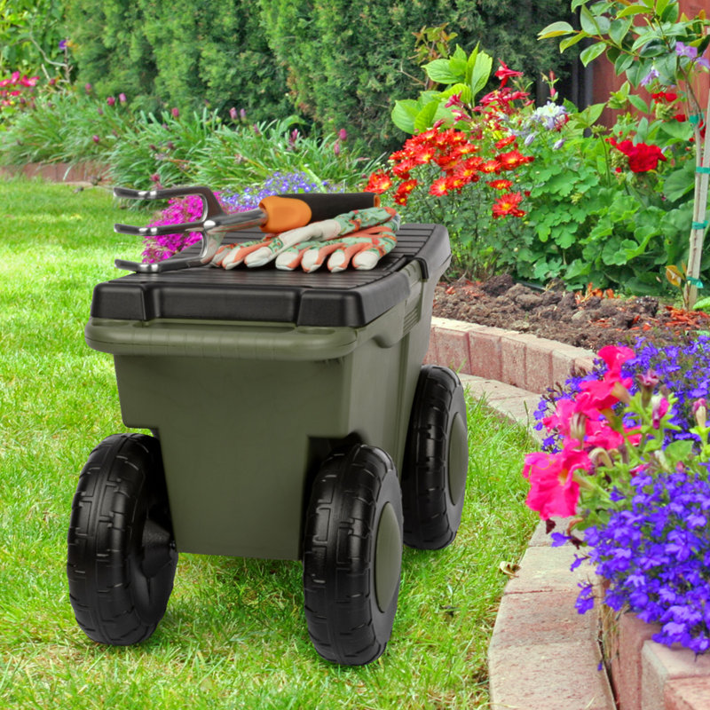 Rolling Garden Cart with Seat - Plastic Storage with Bench and Interior Tool Tray - Gardening Stool for Weeding and Planting by Pure Garden