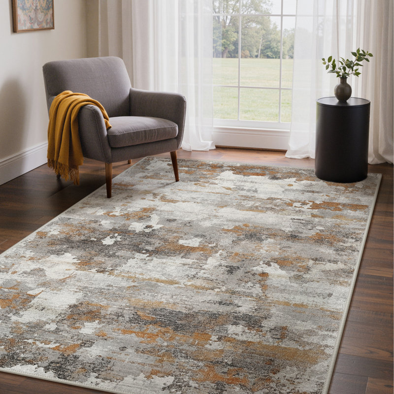 Aura Modern Abstract Machine Washable Distressed Grey / Yellow Indoor Area Rug with Non-Slip Backing, Rectangle 6' x 9'