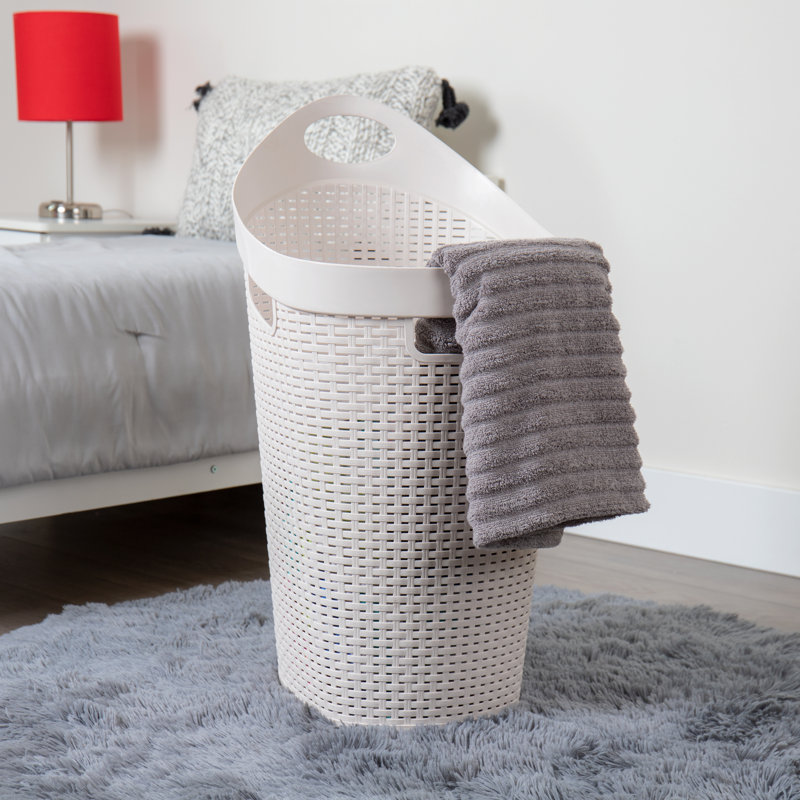  60L Rolling Laundry Hamper, Clothes Basket, Wheels, Wicker Style, Plastic, 19.5"L x 14.75"W x 29.25"H, Ivory 