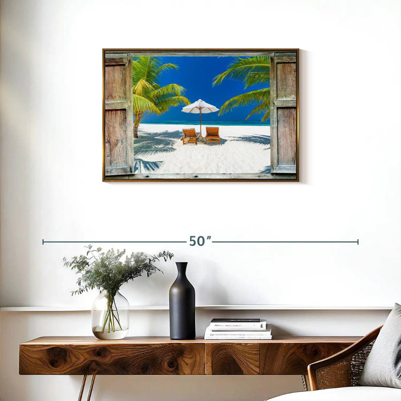 Fenêtre sur la côte des Maldives, Cadre flottant doré, 31 po x 21 po