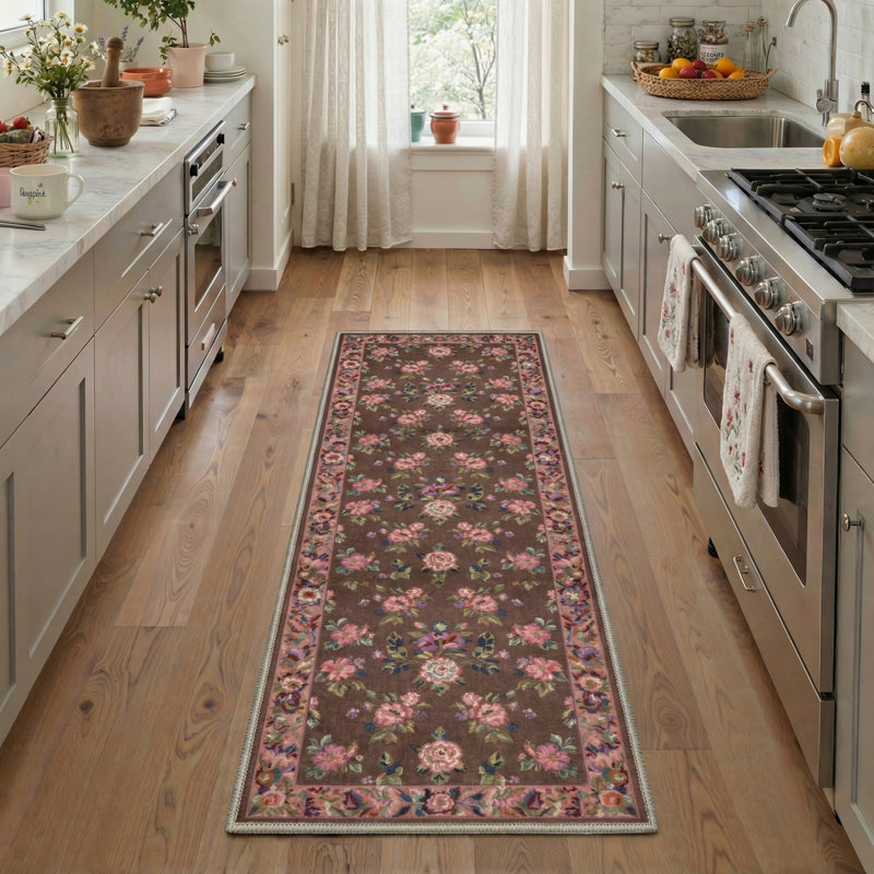 Bellingham Verdant Vintage Floral Machine Washable Pink / Green / Brown Indoor Area Rug with Non-Slip Backing, Runner 2' x 6'