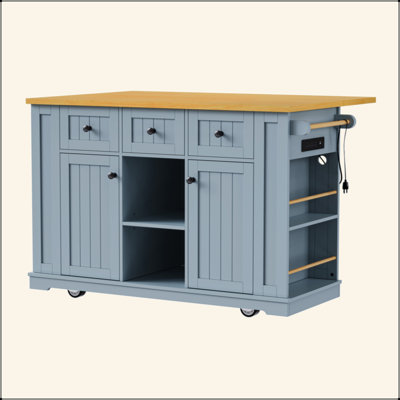 Large Kitchen Island With Drop Leaf,Power Outlet,Door Internal Storage Rack,Rolling Kitchen Cart On 5 Wheels With 5 Open Side Racks For Kitchen,Dining Room(Not Include Bar Stools)