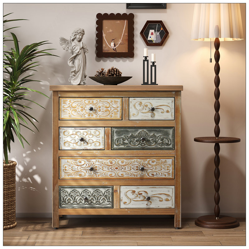 Commode d'appoint rétro en bois avec 6 tiroirs, commode de rangement rustique multicolore sculptée pour chambre à coucher, salon, décor de style campagnard (L 25,59 po x l 12,6 po x H 33,07 po)