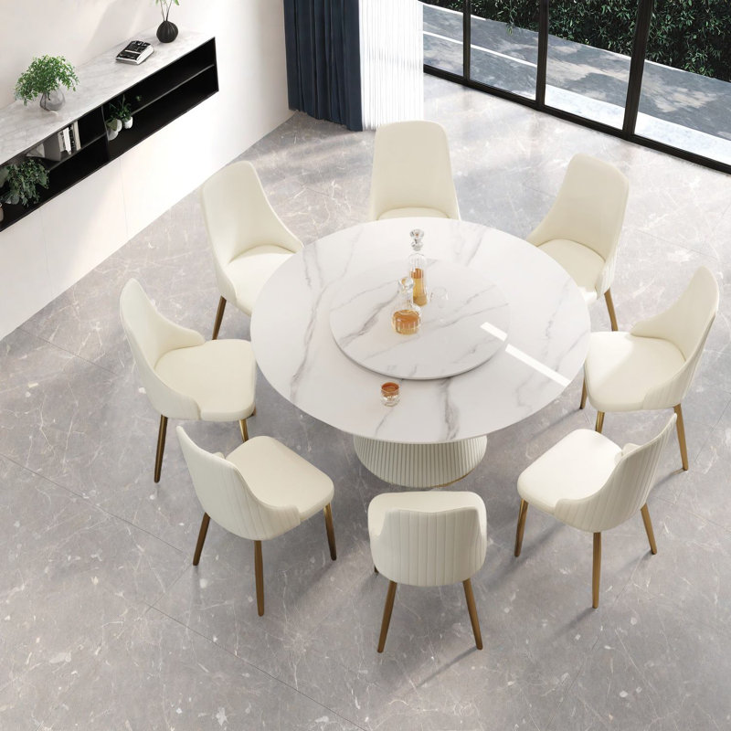 Ensemble de table de salle à manger moderne blanc avec plateau tournant en pierre frittée