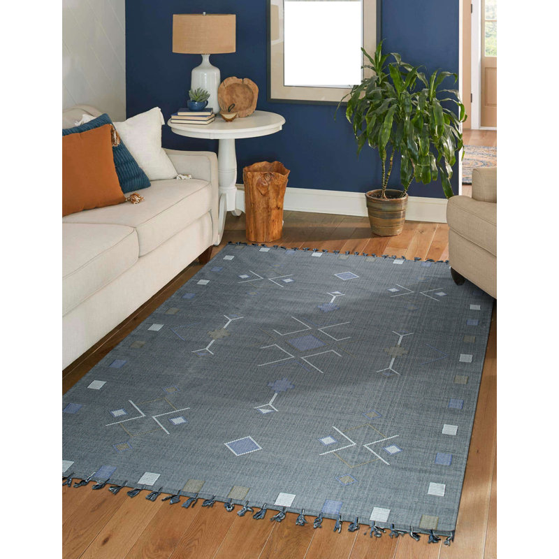 Tapis gris en coton noué à la main à motif géométrique contemporain, Rectangulaire 4 pi x 6 pi
