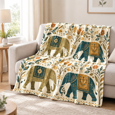 Plaid à motif éléphant - Style bohème, beige et turquoise, design artistique, léger, respirant, confort toutes saisons, lavable à la machine, décoratif, pour canapé, fauteuil, salon ou chambre