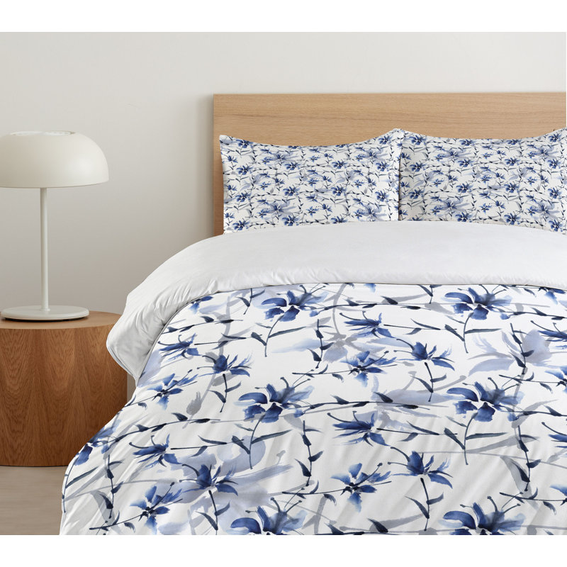 Twin Blue Floral Microfiber Duvet Cover Set