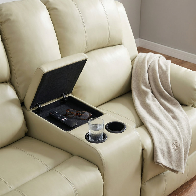 Causeuse inclinable en cuir recyclé beige 2 places avec rangement et porte-gobelets, canapé inclinable réglable pour le salon