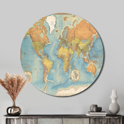 Vintage World Map I - Map Round Metal Art