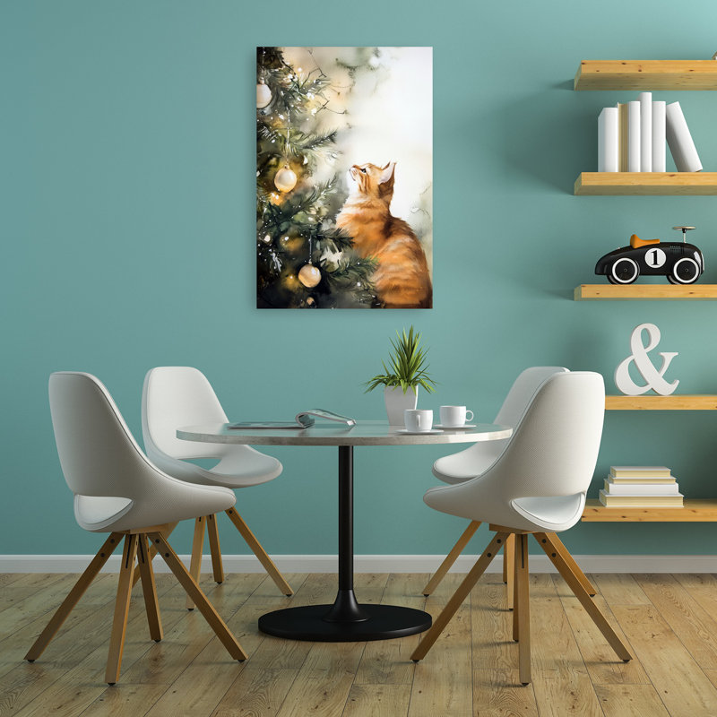 Curious Christmas Cat Playful Abstract Contemporary Christmas Tree Cat Winter Landscape Wall Art Print 1 Piece Wrapped Canvas Wall Art
