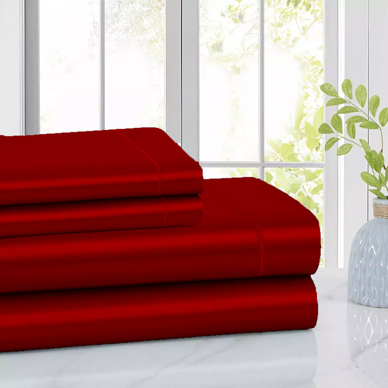  Ensemble de draps en satin de luxe et soyeux 4 pièces Rose Collection - 6 couleurs, Très grand, Rouge
