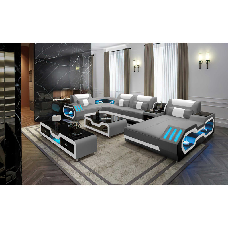 Maryela Upholstered U-Shaped Sectional, Right Hand Facing, Light Gray/White