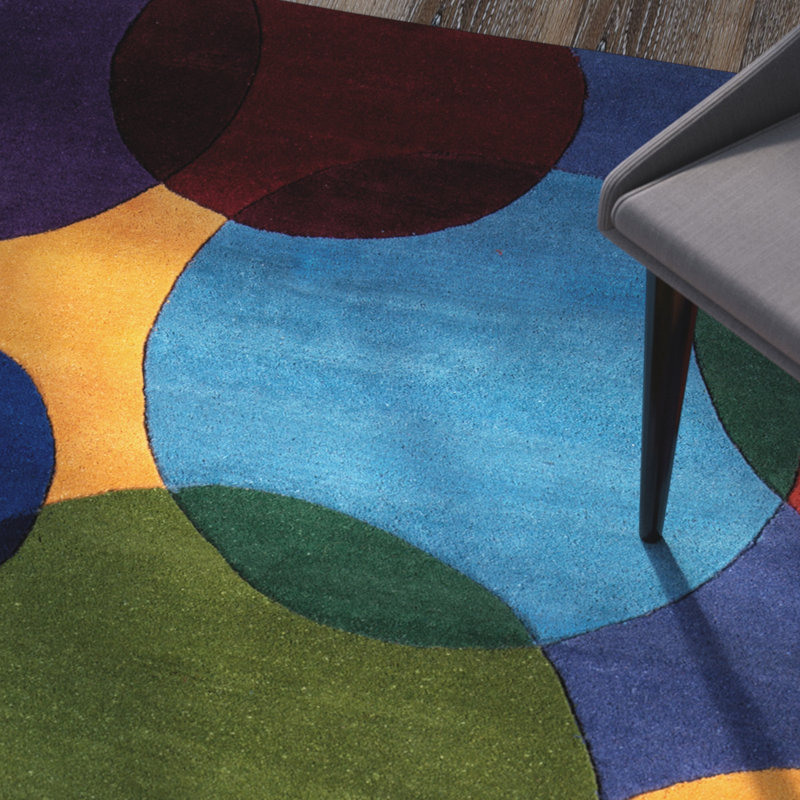 Tapis bleu / rouge / vert / jaune en laine touffeté à la main Beucher, Tapis de couloir 2 pi 6 po x 8 pi