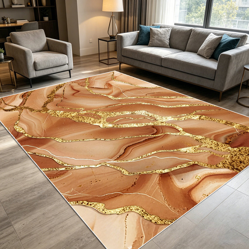 1PC Brown Gold Glitter Fluid Marble area rugs for Living Room, Soft and Comfortable, Suitable for all seasons, easy-to-maintain, machine washable Indoor floor mat, Under Table Farmhouse suitable for dining room, bedroom, entryway, kitchen,