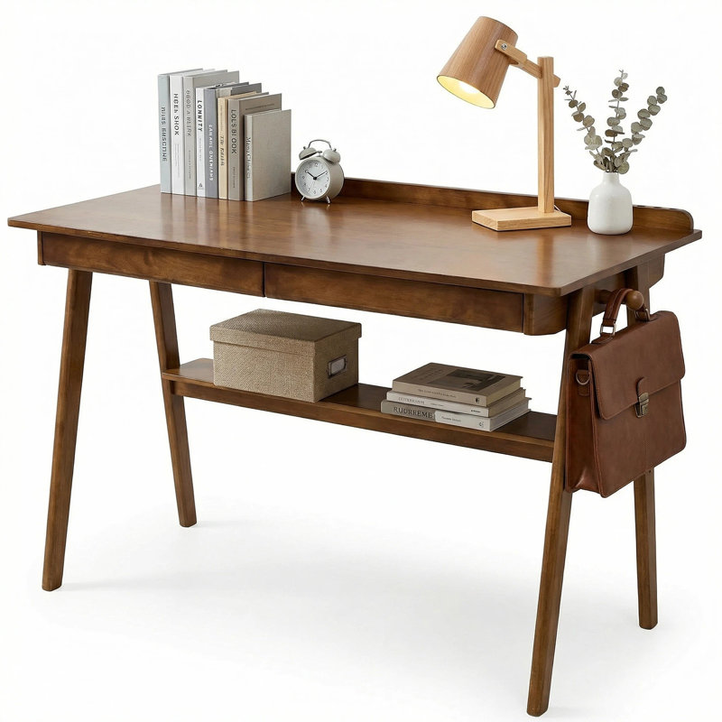 Bureau en bois massif de 47 po de style Mid-Century moderne avec 2 tiroirs et tablette de rangement, bureau d'ordinateur pour petits espaces avec crochets latéraux, finition noyer