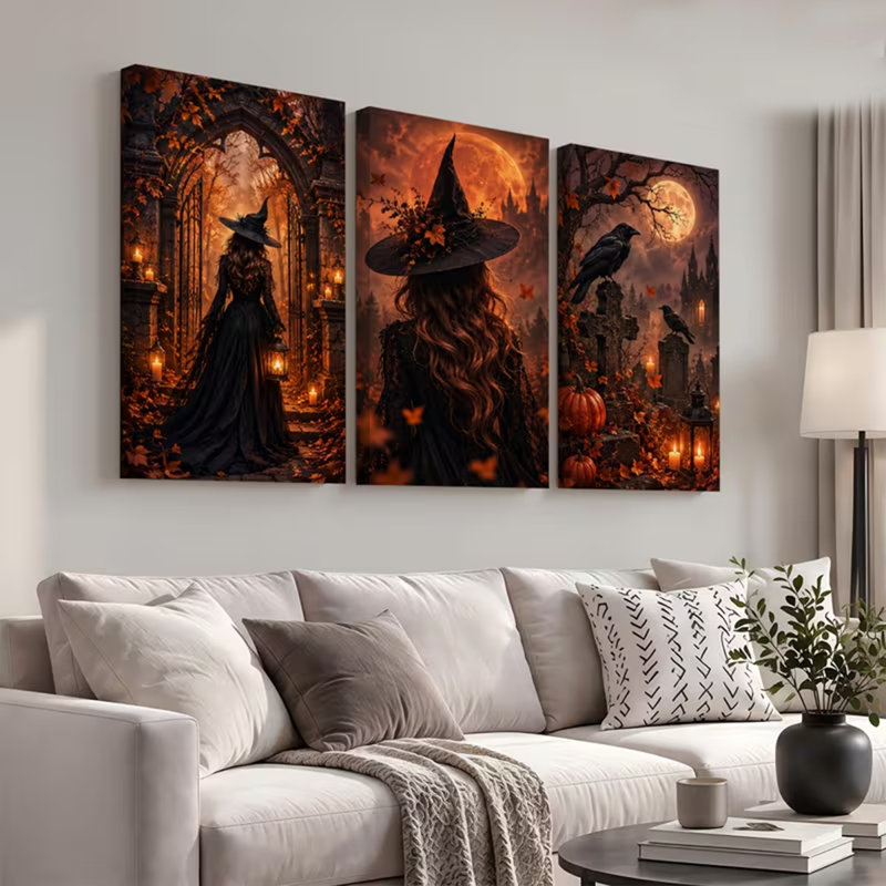 2D Flat 3PCS - Witchy Autumn Graveyard Themed Canvas Wall Art, Ready to Hang, Home Decor for Living Room., 90cm H x 60cm W