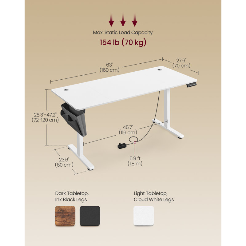 Ashala Adjustable Metal Base Standing Desk with Power Outlet, White/White, 120cm H x 160cm W x 60cm D