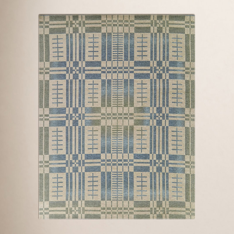 Rectangle géométrique tissé à la machine recyclé P.E.T. Tapis bleu / crème, Rectangle 7 pi 10 po x 10 pi