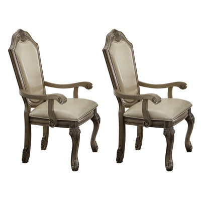 De 2 chaises avec accoudoirs à dossier solide, blanc antique, salle à manger, siège à garniture soudée, dossier arqué, pattes de taille grand, siège traditionnel floral, sièges, coussin de siège, belles pattes