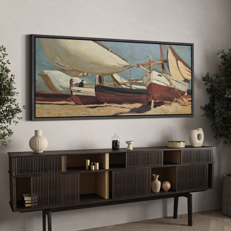 Scène nautique côtière rétro avec bateaux à voile, H 30 po x l 60 po, Noir, noir, noir, noir