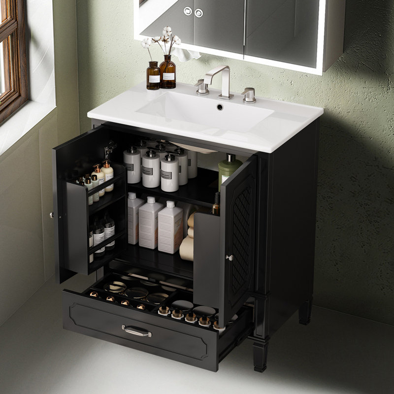 Meuble-lavabo 30 po avec lavabo en céramique, tablette de porte, Noir / argenté