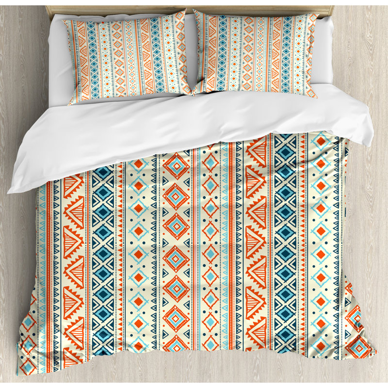 Aztec Pattern Blue Orange Ivory Queen Duvet Cover Set