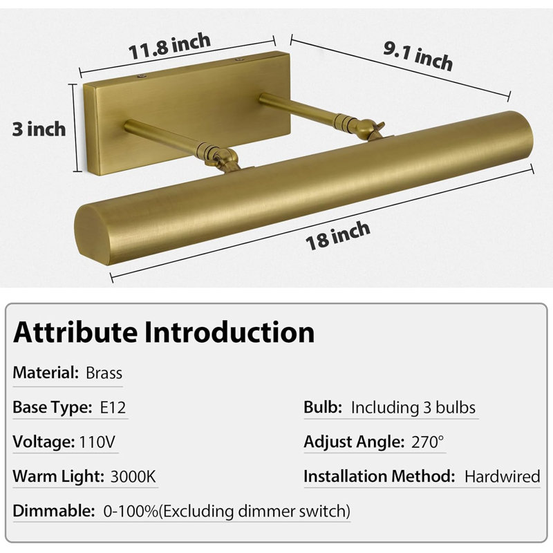 3-Light 18" Dimmable Hardwired Dimmable Wall Mounted Picture Light, Brass