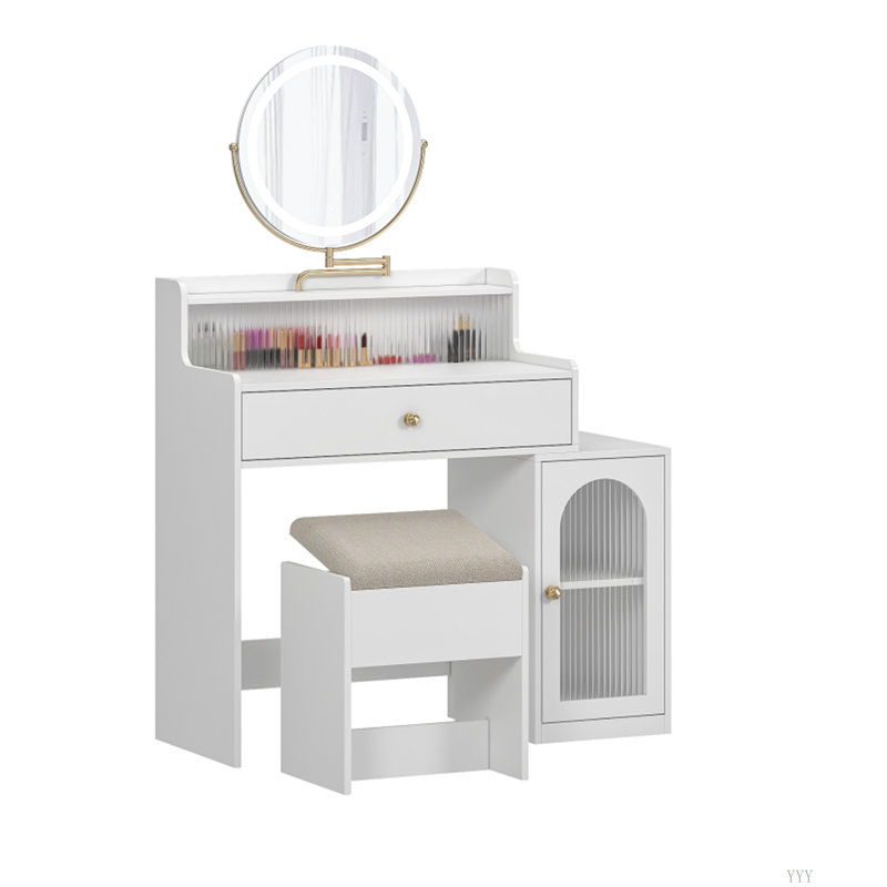 Bureau de coiffeuse avec miroir pivotant à 360 ° et lumières réglables, coiffeuse pour filles avec fauteuil de rangement et armoire d'appoint avec portes en verre Waveform, coiffeuse avec tiroir pour la chambre à coucher