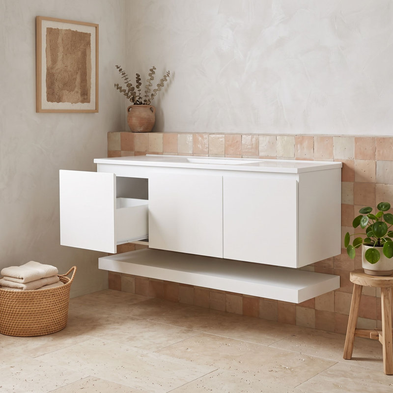 Armoire de salle de bain murale avec lavabo, tablette inférieure et tiroirs