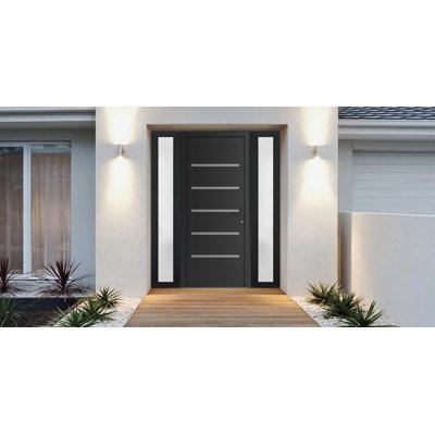 Front Exterior Prehung uPVC Metal-Plastic Door Manux 8415 Matte Black 2 Side Sidelite Transoms Office Commercial and Residential Doors Entrance Patio Garage 64 x 80 (W16+32+16 x H80) Left hand Inswing