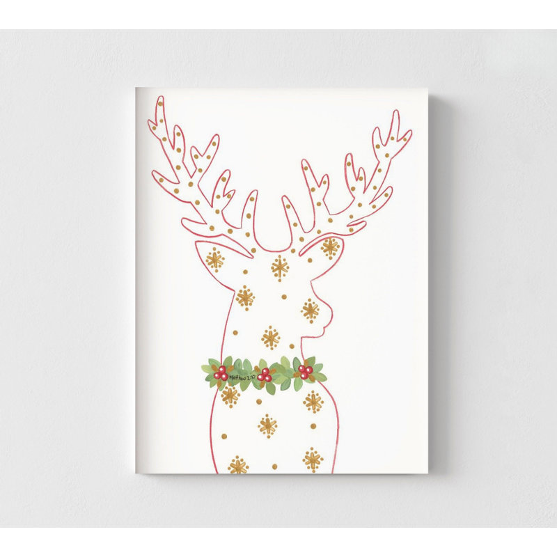 Renne, dessin au trait, affiche festive minimaliste, silhouette de cerf encadré, couronne de houx, art mural, décoration de vacances en or rouge, art encadré