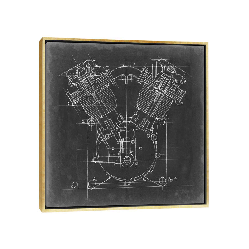 « Motorcycle Engine Blueprint II » par Ethan Harper, reproduction d’art, H 37 po x l 37 po x P 1,5 po, Toile encadrée d'or