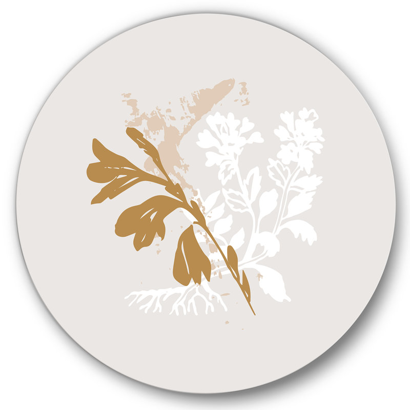 Conception botanique minimaliste en brun et blanc - art mural traditionnel en cercle métallique, H 36 po x l 36 po x P 1 po