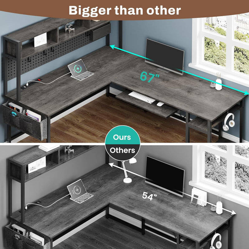 Truet Computer Desk with Hutch and Built in Outlets, Gray/Black