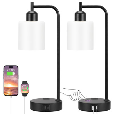 Ensemble de lampes de table Industrial Touch pour chambres à coucher avec 2 ou 3 lampes de table de chevet à intensité variable avec ports USB C + A et prise de courant, lampes de chevet avec abat-jour en verre pour le salon, lampes de bureau pour le b
