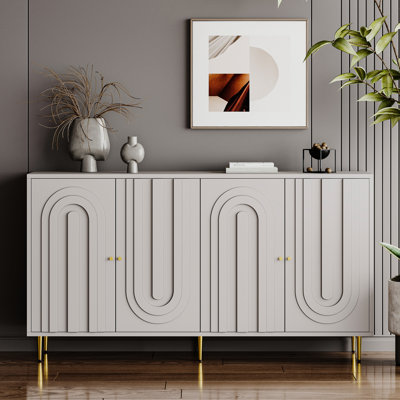 Buffet 4 portes en bois laqué gris avec armoire et rangement pour tablette de salon, entrée, couloir, bureau, cuisine et salle à manger