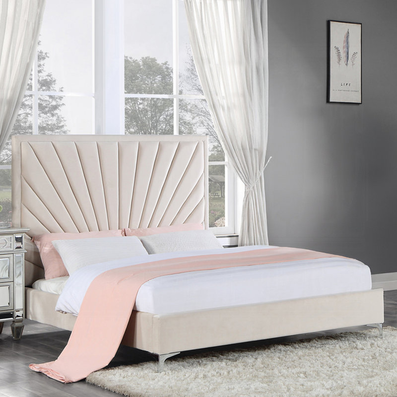 Mobilier de chambre à coucher moderne en bois de velours beige, Queen